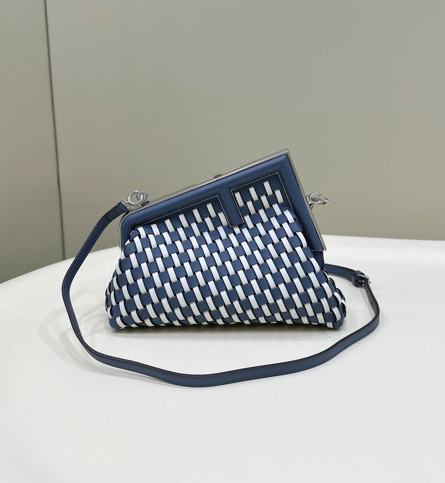 FENDI 26 FIRST SMALL IN MIDNIGHT BLUE MIX WHITE CALFSKIN SILVER HARDWARE