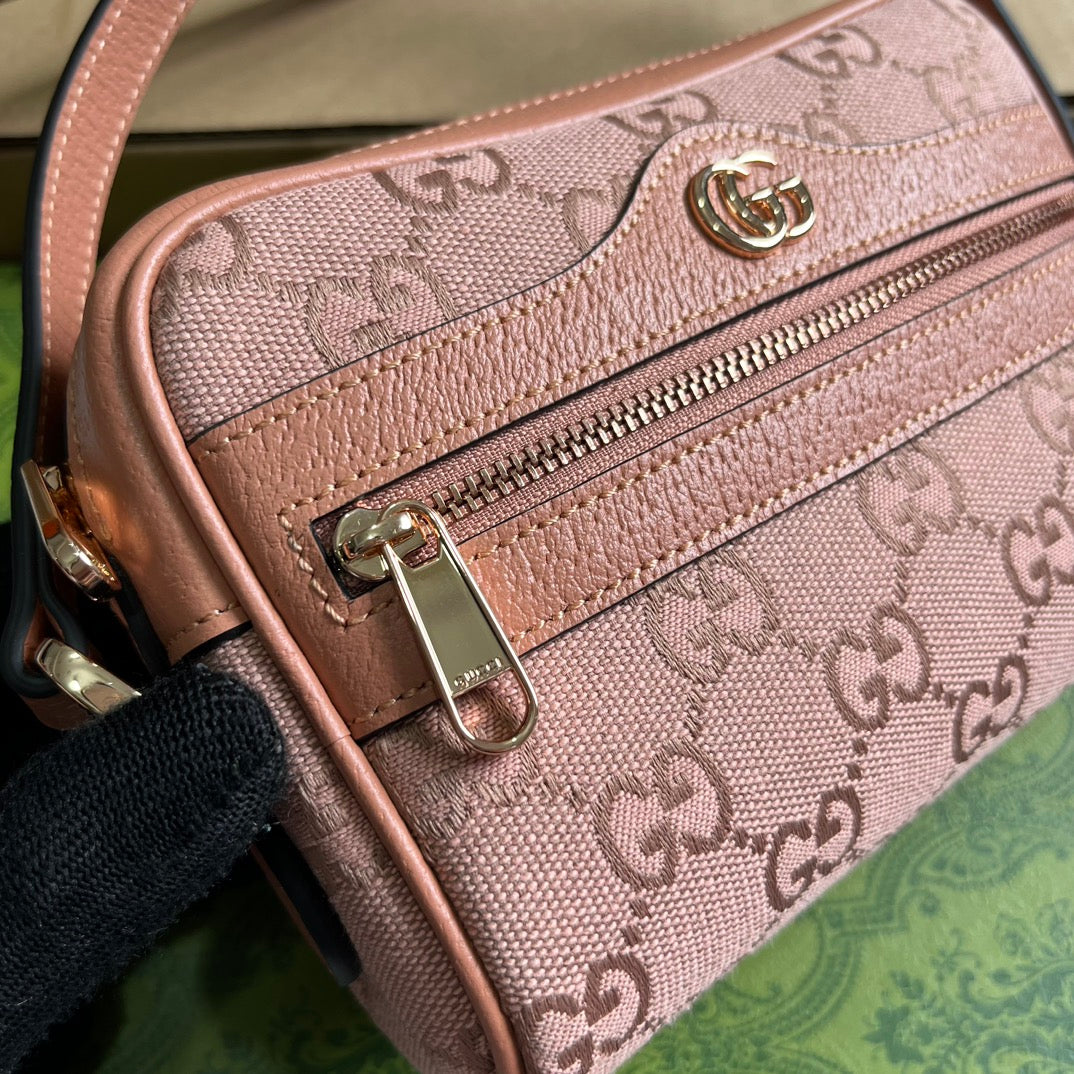 OPHIDIA GG MINI 17 BAG IN LIGHT PINK CANVAS AND CALFKSKIN