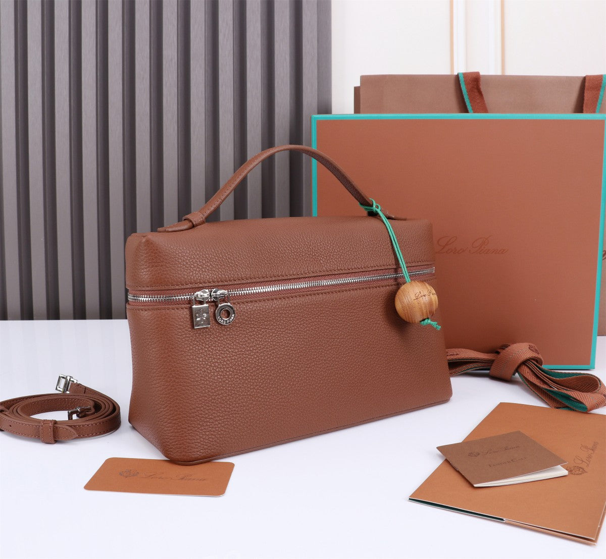 EXTRA BAG L27 IN UMBER BROWN GRAINED CALFSKIN WITH SILVER  HARDWARE