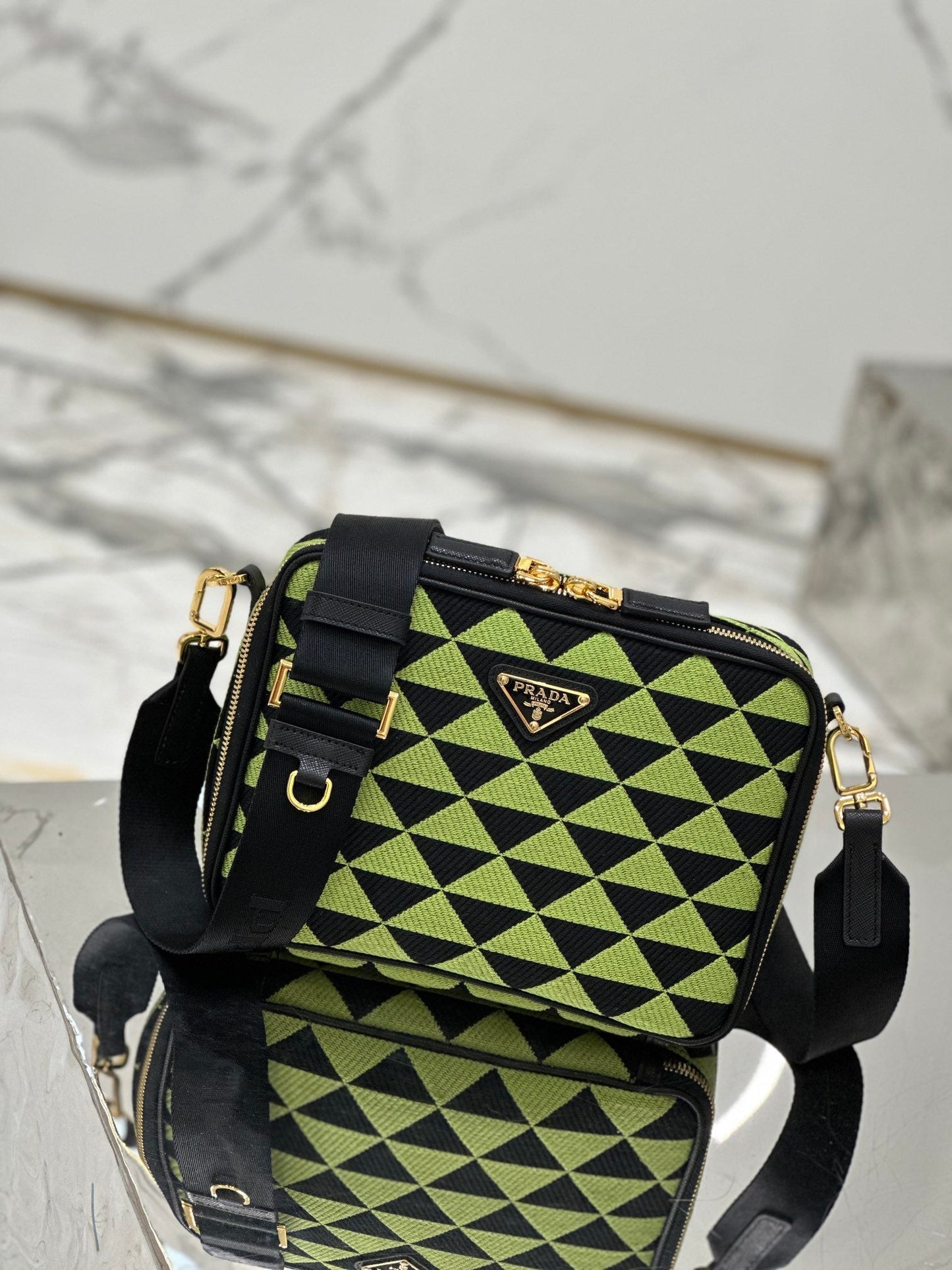 MESSENGER BAG 22 IN OCADO GREEN AND BLACK EMBROIDERED FABRIC GOLD HARDWARE