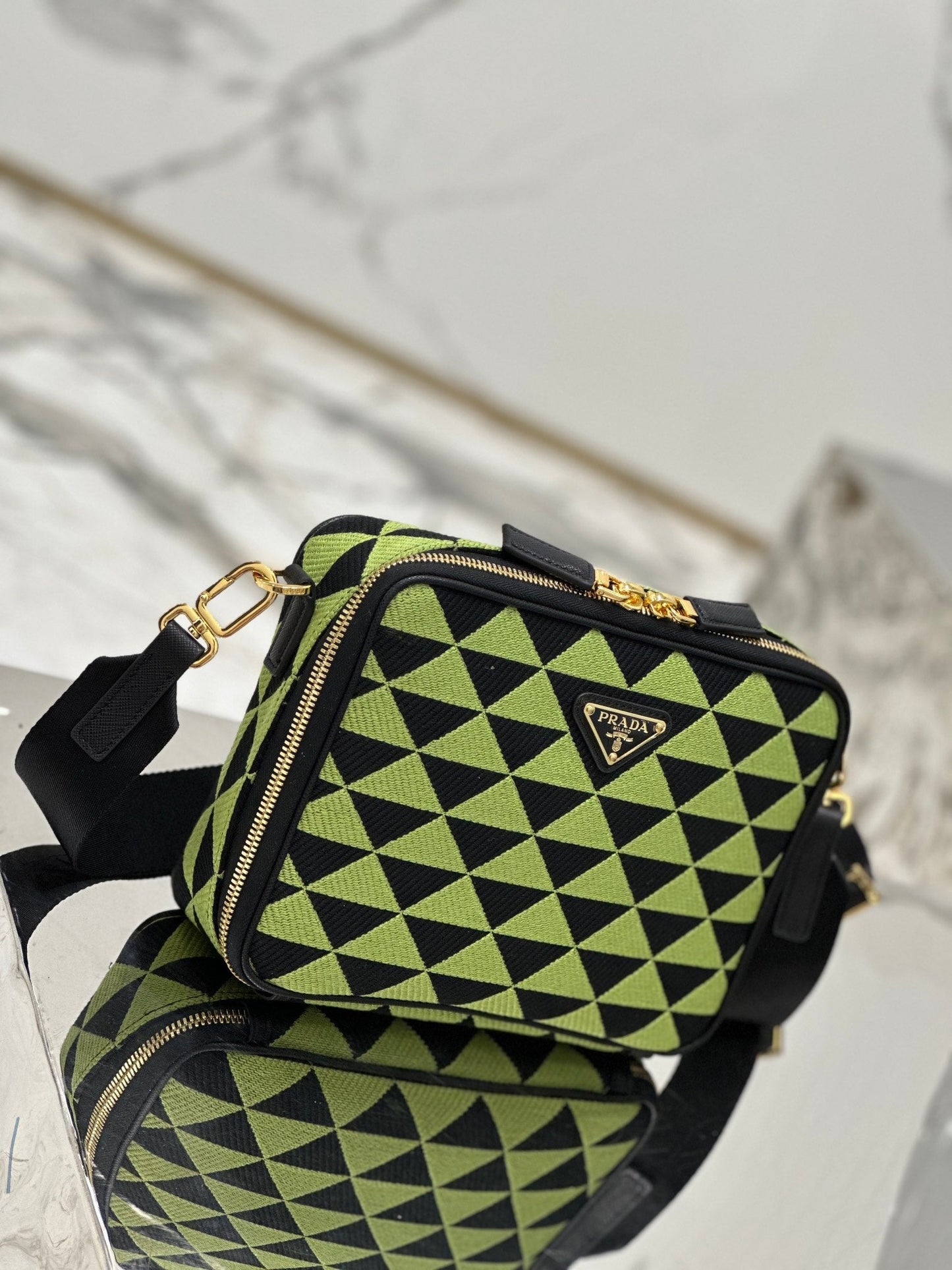 MESSENGER BAG 22 IN OCADO GREEN AND BLACK EMBROIDERED FABRIC GOLD HARDWARE