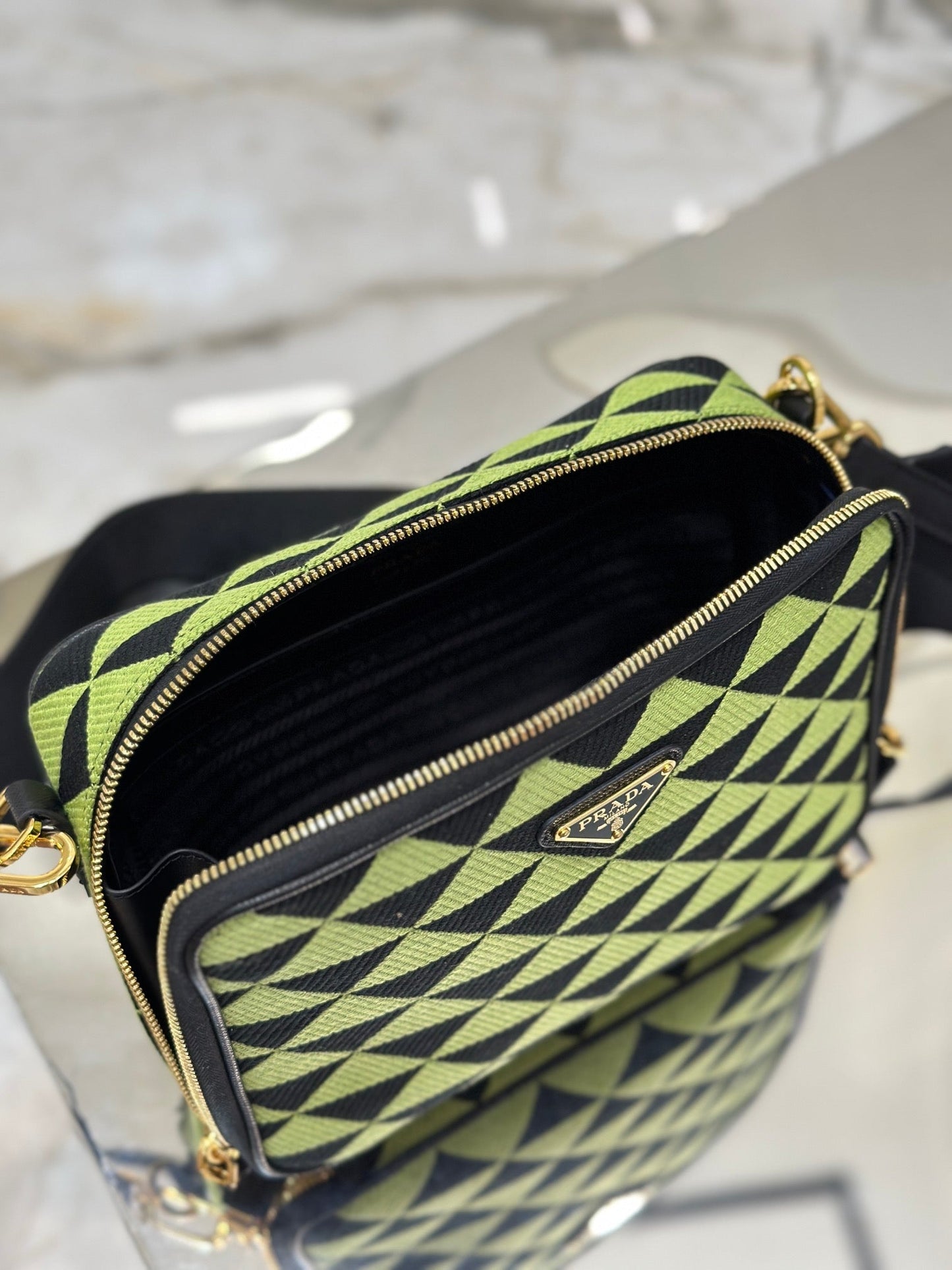 MESSENGER BAG 22 IN OCADO GREEN AND BLACK EMBROIDERED FABRIC GOLD HARDWARE