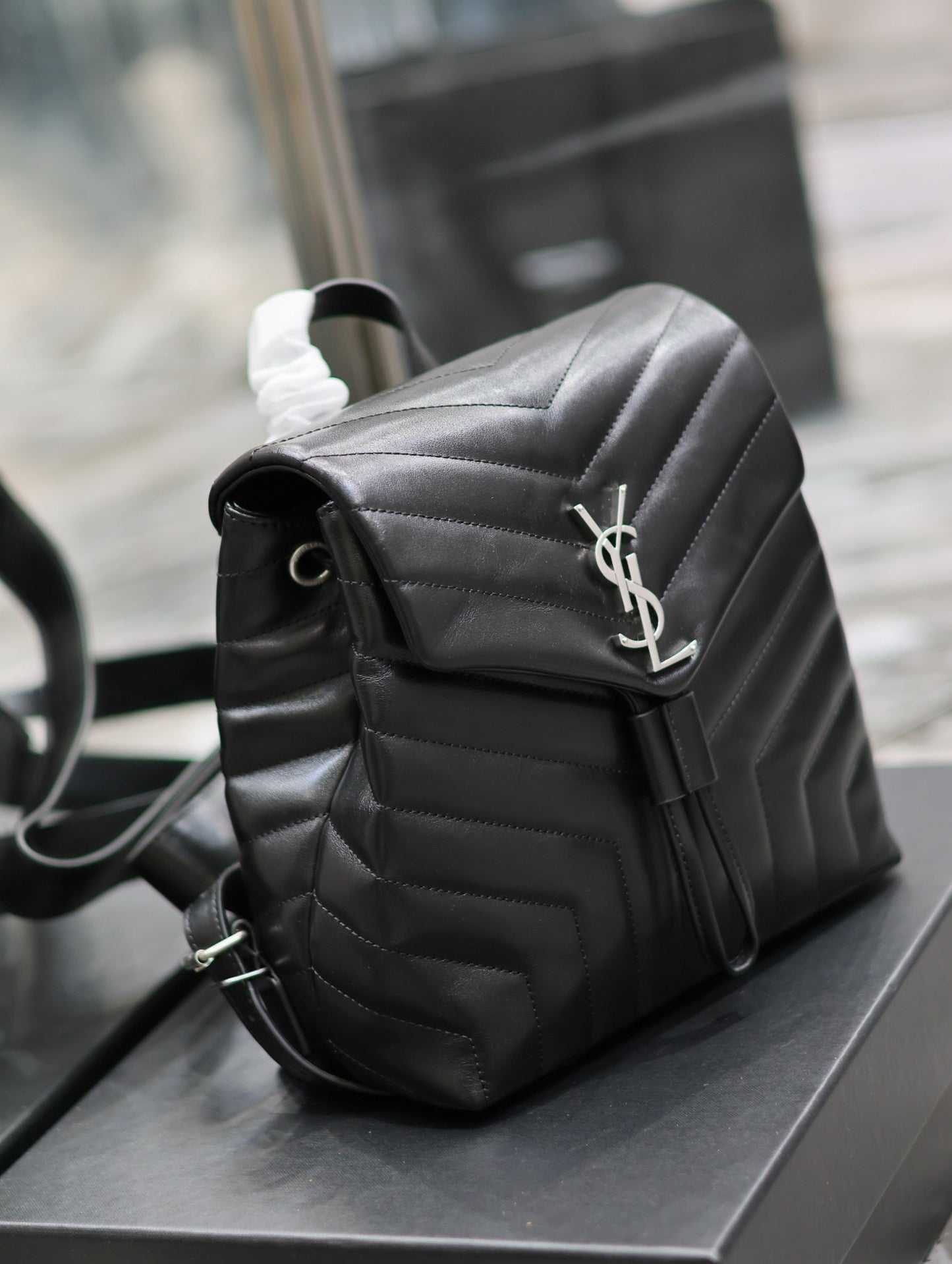 LOU BACKPACK 26 IN BLACK QUILTED CALFSKIN SILVER HARDWARE