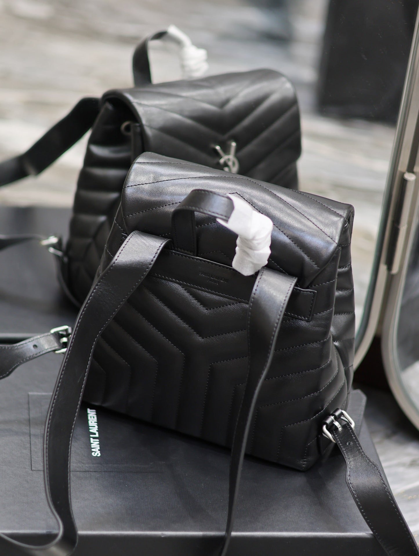 LOU BACKPACK 26 IN BLACK QUILTED CALFSKIN SILVER HARDWARE