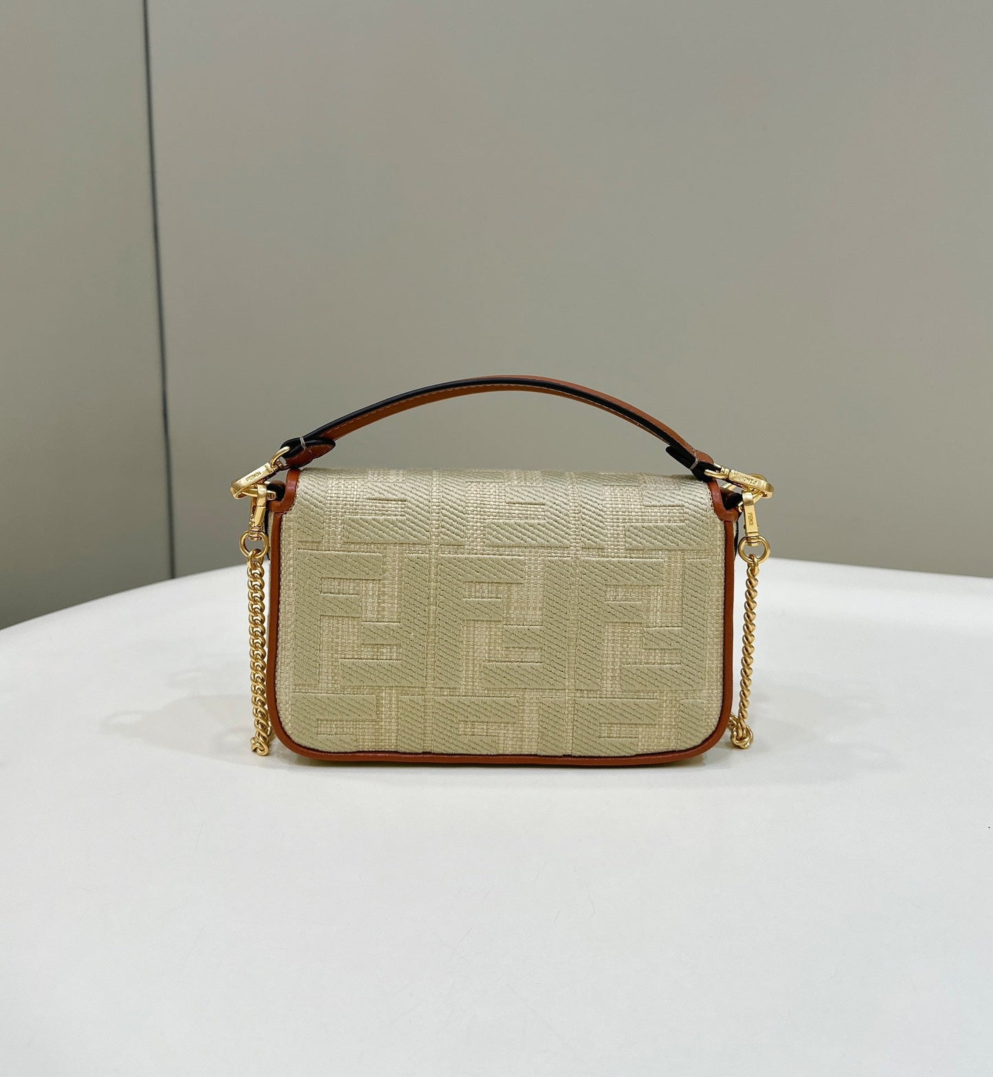 FENDI 19 BAGUETTE BAG IN FLAX YELLOW CANVAS WITH GOLD HARDWARE