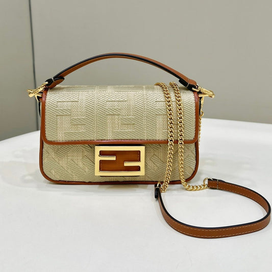 FENDI 19 BAGUETTE BAG IN FLAX YELLOW CANVAS WITH GOLD HARDWARE