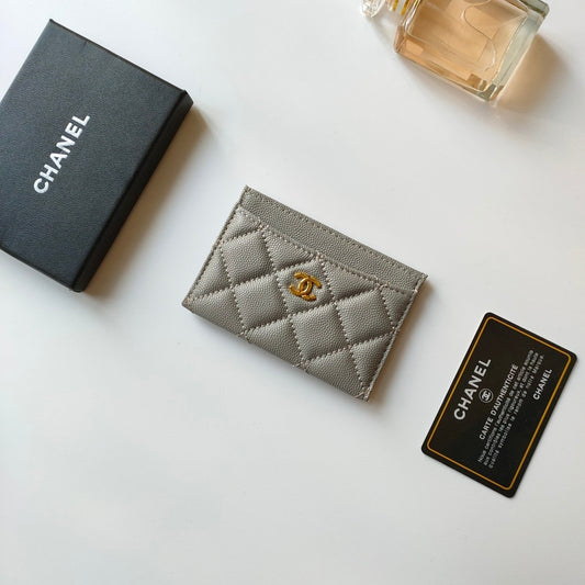 CC CARD HOLDER 11.2 GRAY GRAINED CALFSKIN GOLD ICON