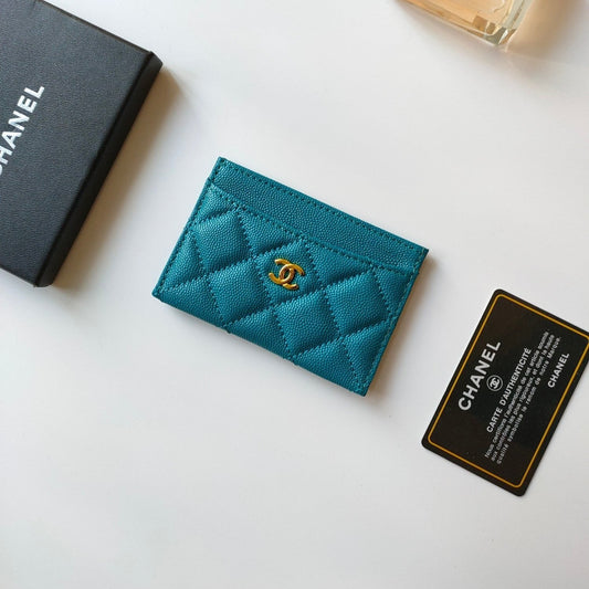 CC CARD HOLDER 11.2 SAPPHIRE GRAINED CALFSKIN GOLD ICON