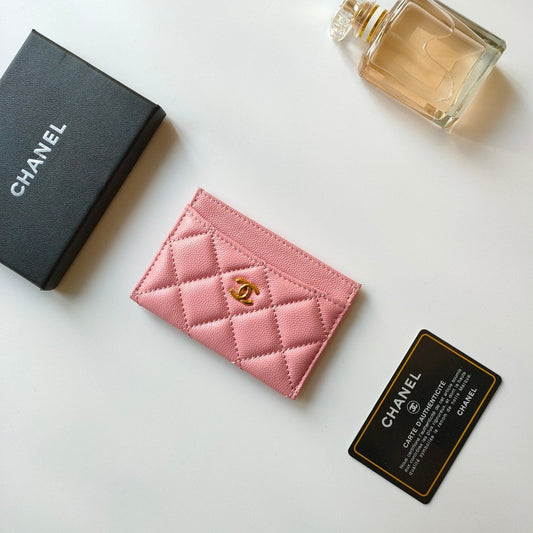 CC CARD HOLDER 11.2 PINK GRAINED CALFSKIN GOLD ICON