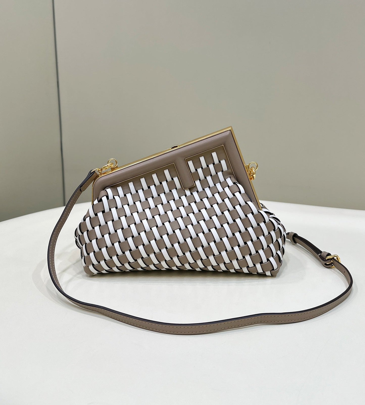 FENDI 26 FIRST SMALL IN TAN BROWN MIX WHITE CALFSKIN SILVER HARDWARE