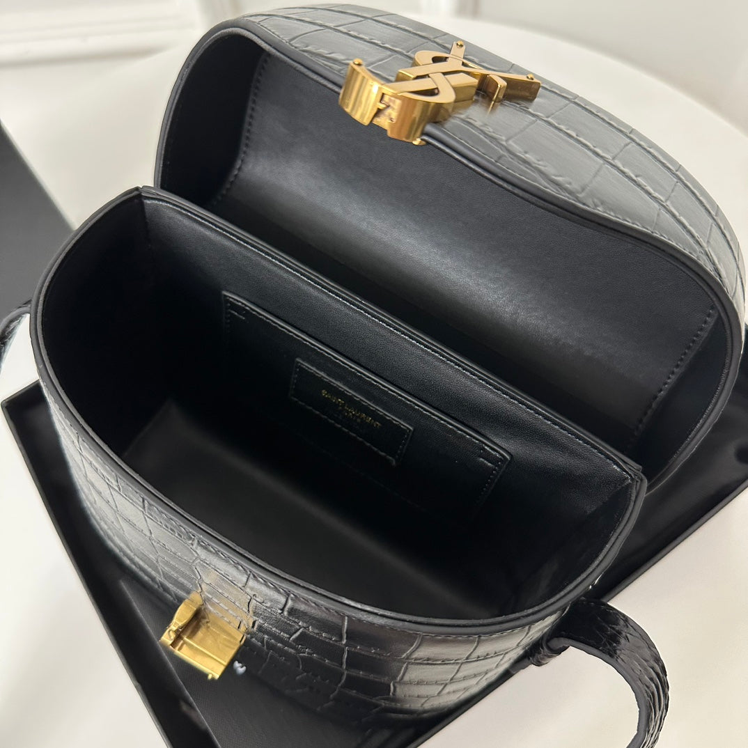 JUNE 19 BLACK CROCODILE LAMBSKIN WITH GOLD LOGO BOX BAG