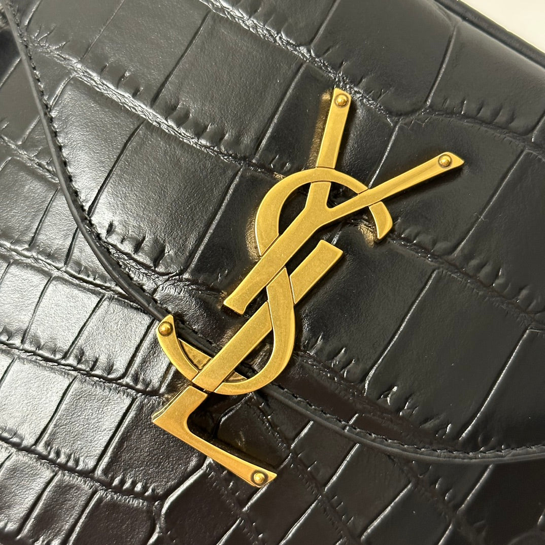 JUNE 19 BLACK CROCODILE LAMBSKIN WITH GOLD LOGO BOX BAG