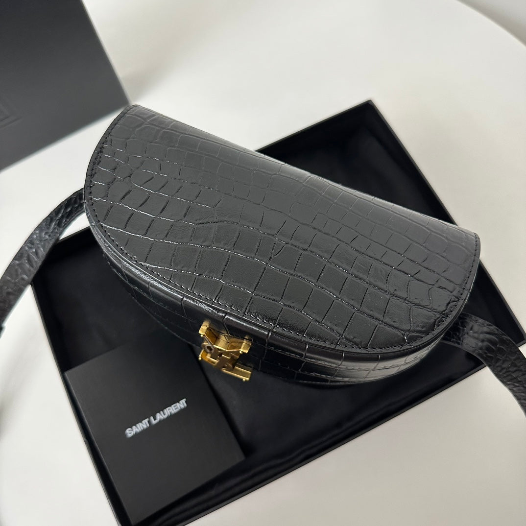 JUNE 19 BLACK CROCODILE LAMBSKIN WITH GOLD LOGO BOX BAG