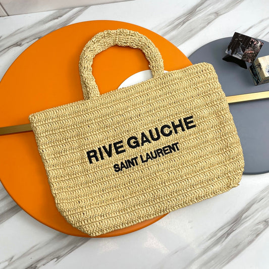 RIVE GAUCHE TOTE BAG 38 IN LIGHT YELLOW RAFFIA