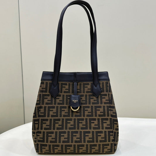 FENDI ORIGAMI MEDIUM 27 BROWN MIX BLACK FF JACQUARD FABRIC BAG