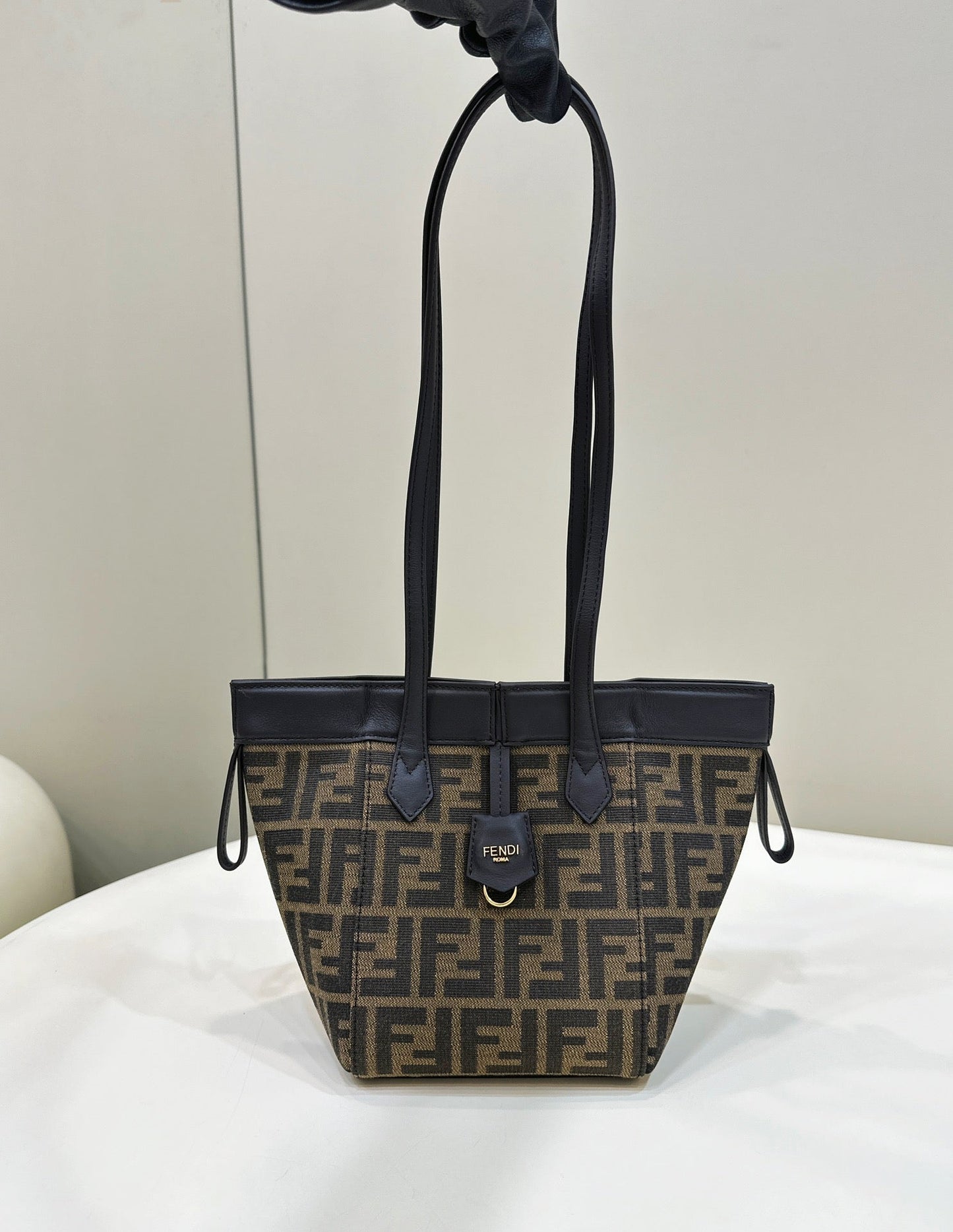 FENDI ORIGAMI MINI 19 BROWN MIX BLACK FF JACQUARD FABRIC BAG