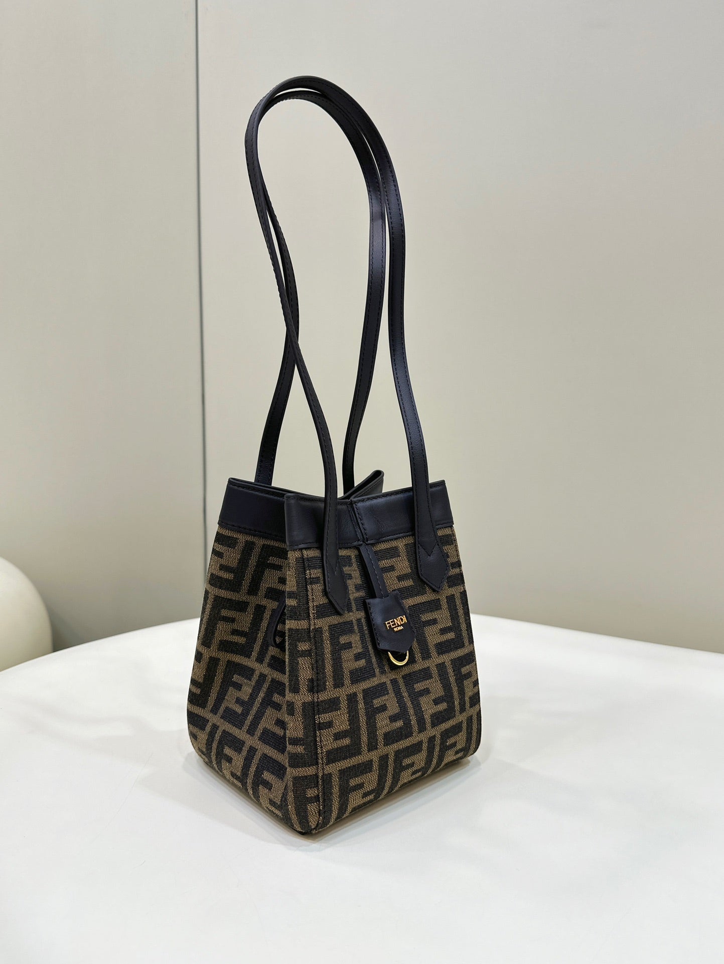 FENDI ORIGAMI MINI 19 BROWN MIX BLACK FF JACQUARD FABRIC BAG