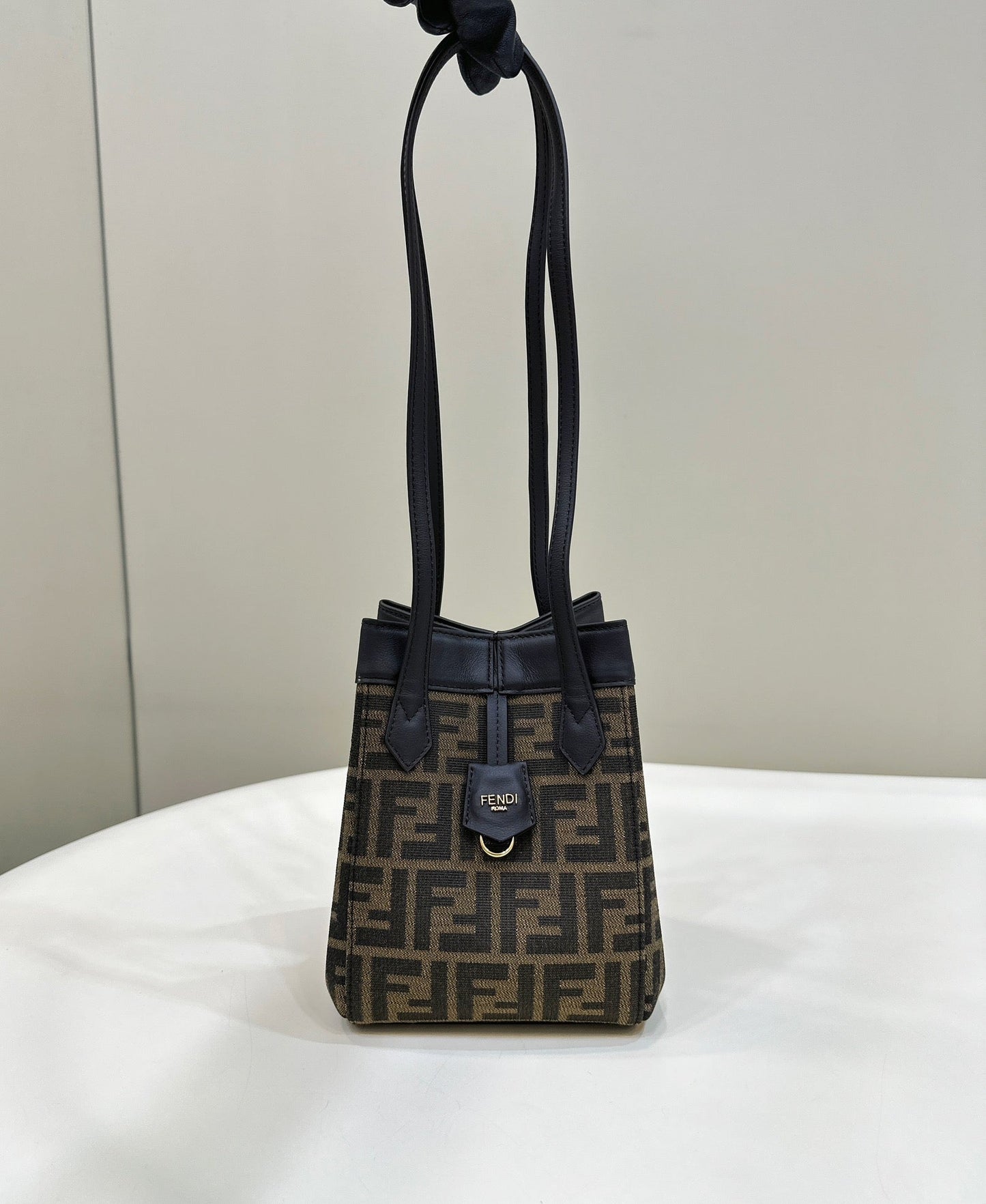 FENDI ORIGAMI MINI 19 BROWN MIX BLACK FF JACQUARD FABRIC BAG