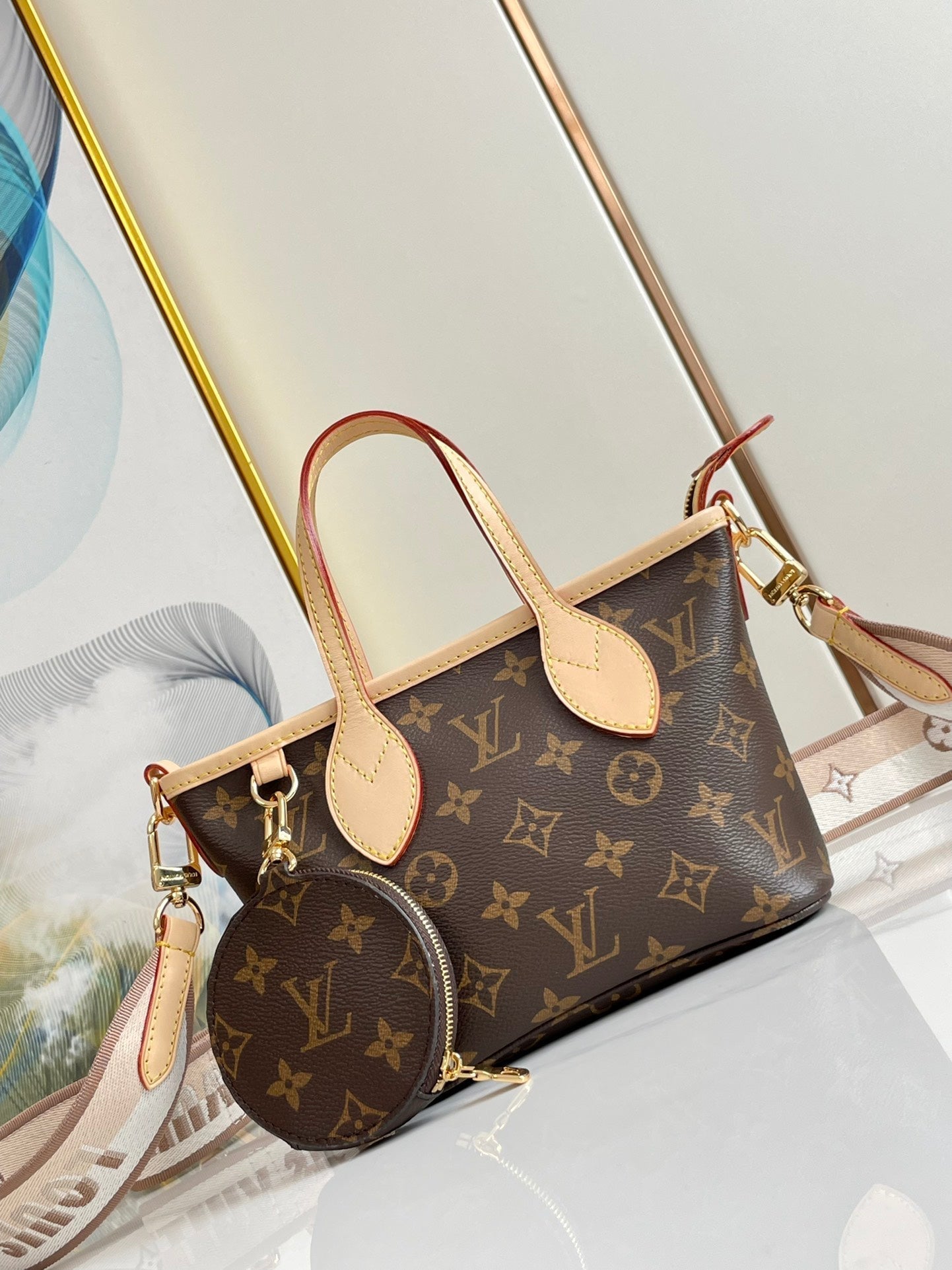 NEVERFULL BB 24 BROWN MONOGRAM CANVAS AND LEATHER TRIM GOLD HARDWARE