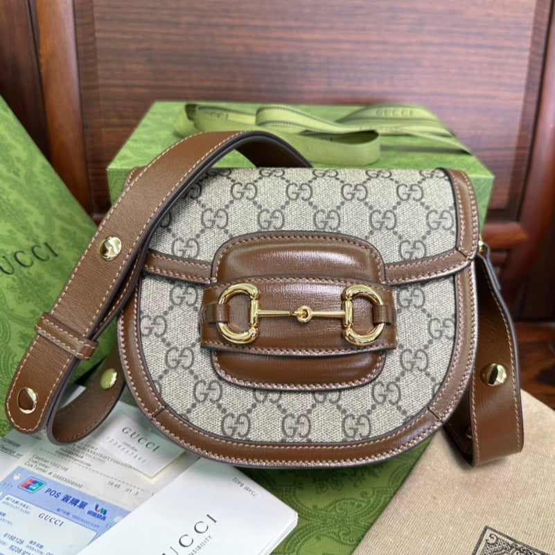 GG 18 HORSEBIT 1955 MINI BAG BEIGE CANVAS AND EBONY CALFSKIN