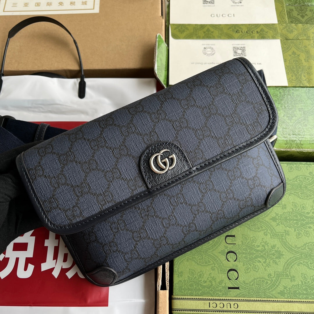 OPHIDIA SMALL BELT BAG 23 IN DARK BLUE MONOGRAM CANVAS AND BLACK LAMBSKIN TRIM