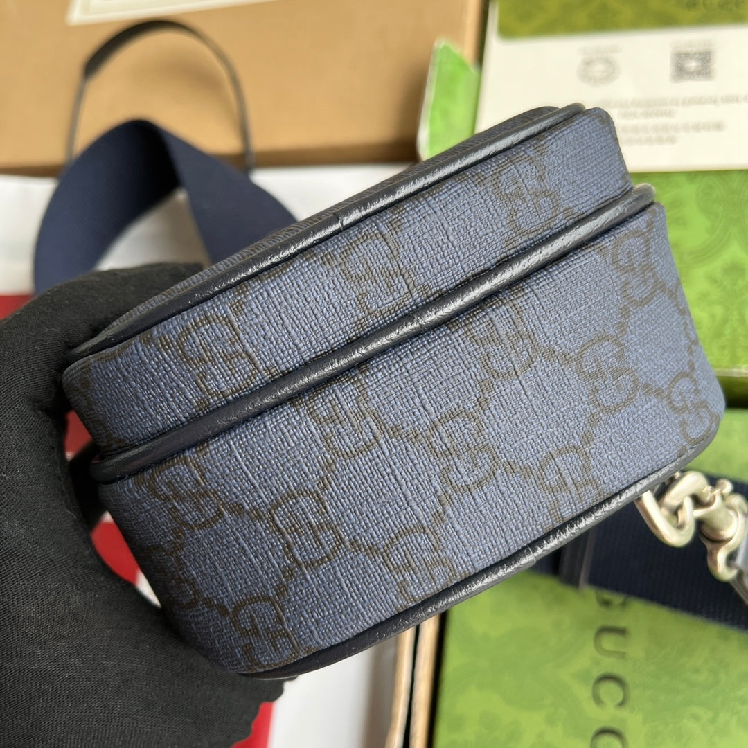 OPHIDIA MINI BAG 18 IN DARK BLUE MONOGRAM CANVAS AND BLACK LAMBSKIN TRIM