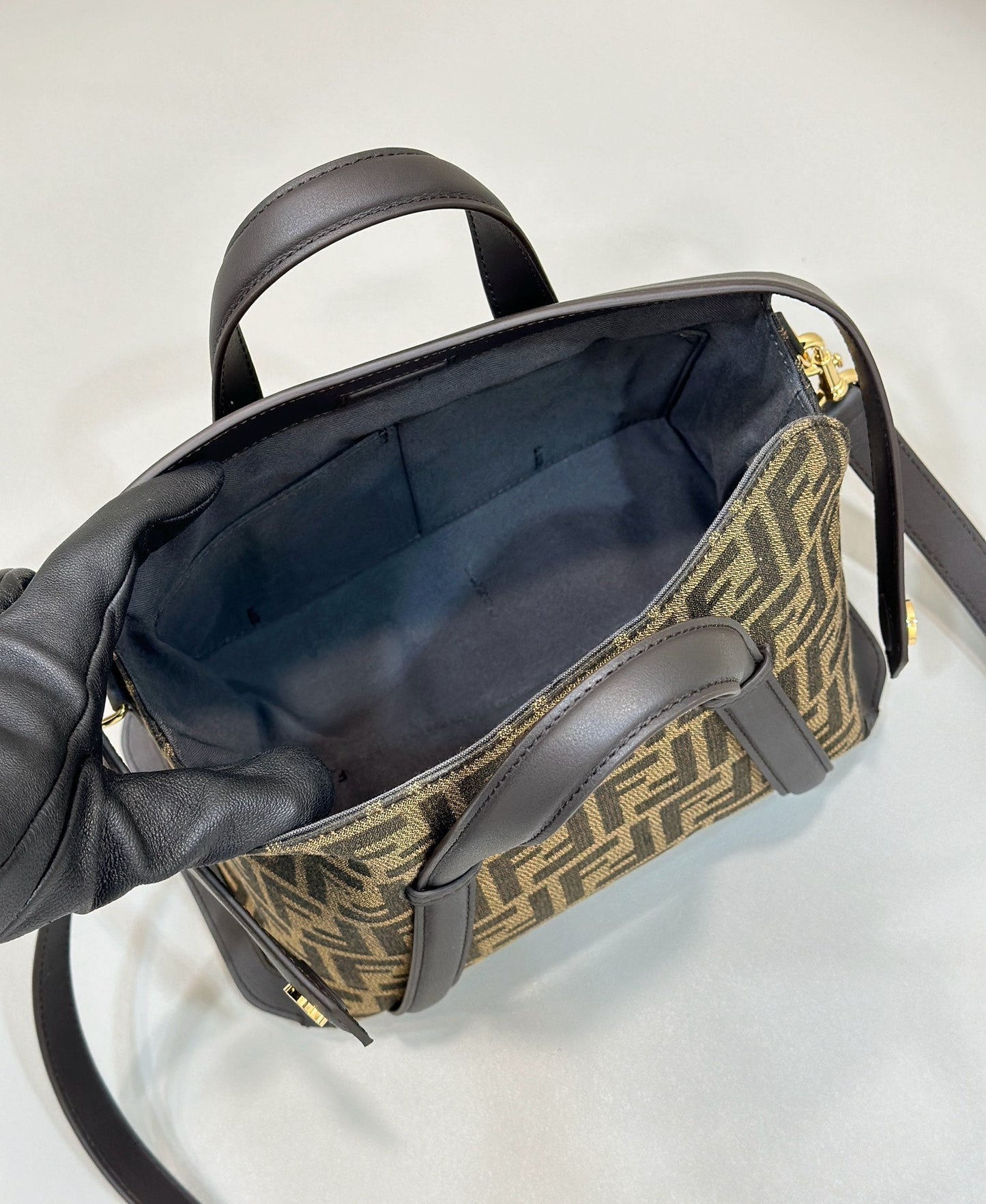 FENDI 27 BAG IN BROWN MIX BLACK JACQUARD FABRIC WITH CALFSKIN