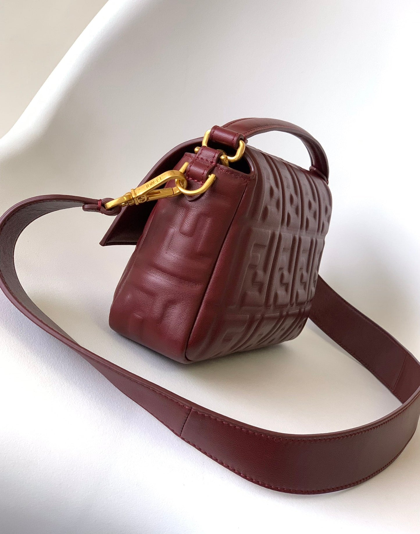 Fend Baguette 27 Bag With FF Motif Burgundy Leather Ghw