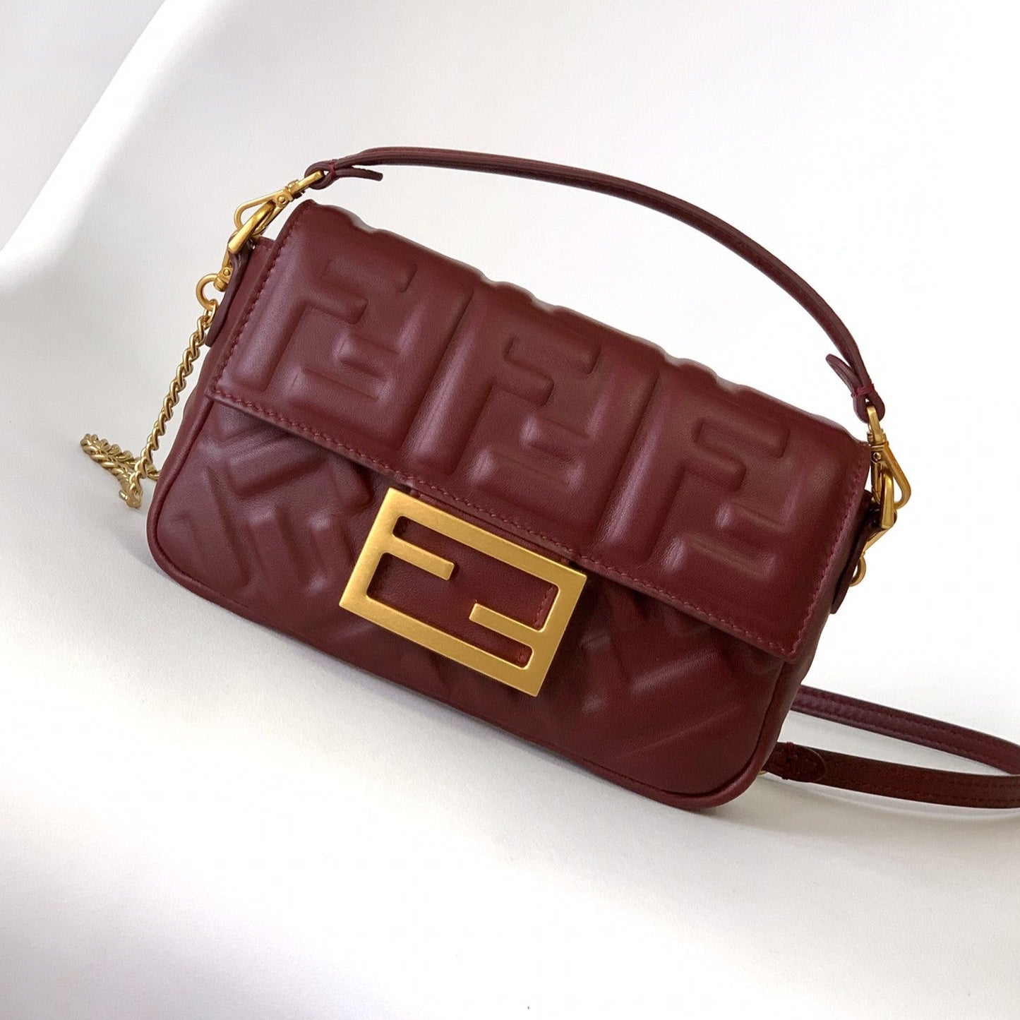 Mini Baguette Bag 20 With FF Motif Burgundy Leather Ghw