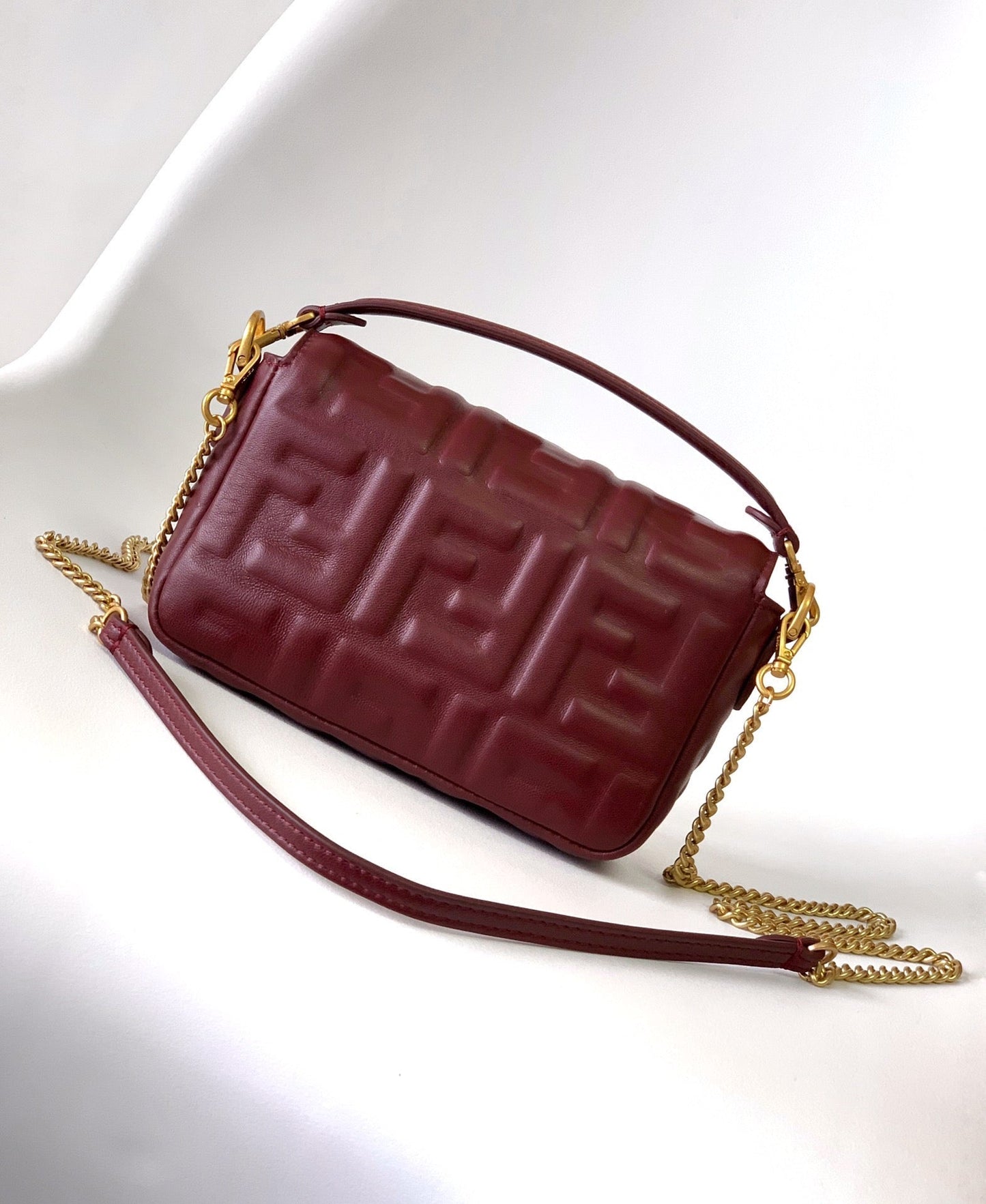 Mini Baguette Bag 20 With FF Motif Burgundy Leather Ghw