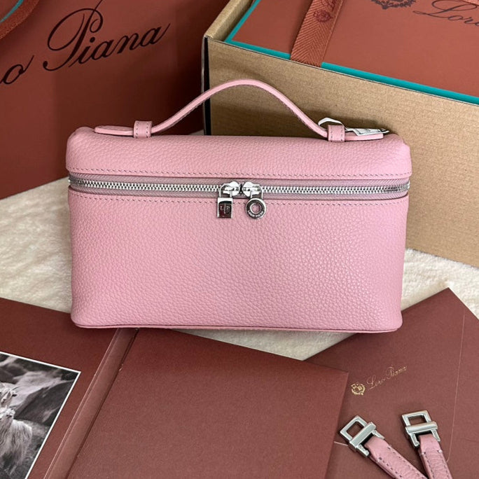 EXTRA POCKET L19 IN FLAMINGO PINK GRAINED CALFSKIN WITH SILVER HARDWARE