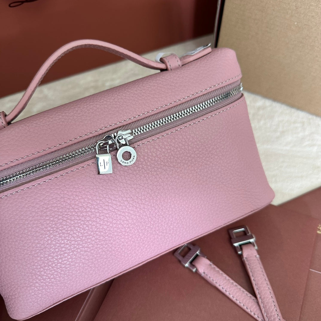 EXTRA POCKET L19 IN FLAMINGO PINK GRAINED CALFSKIN WITH SILVER HARDWARE