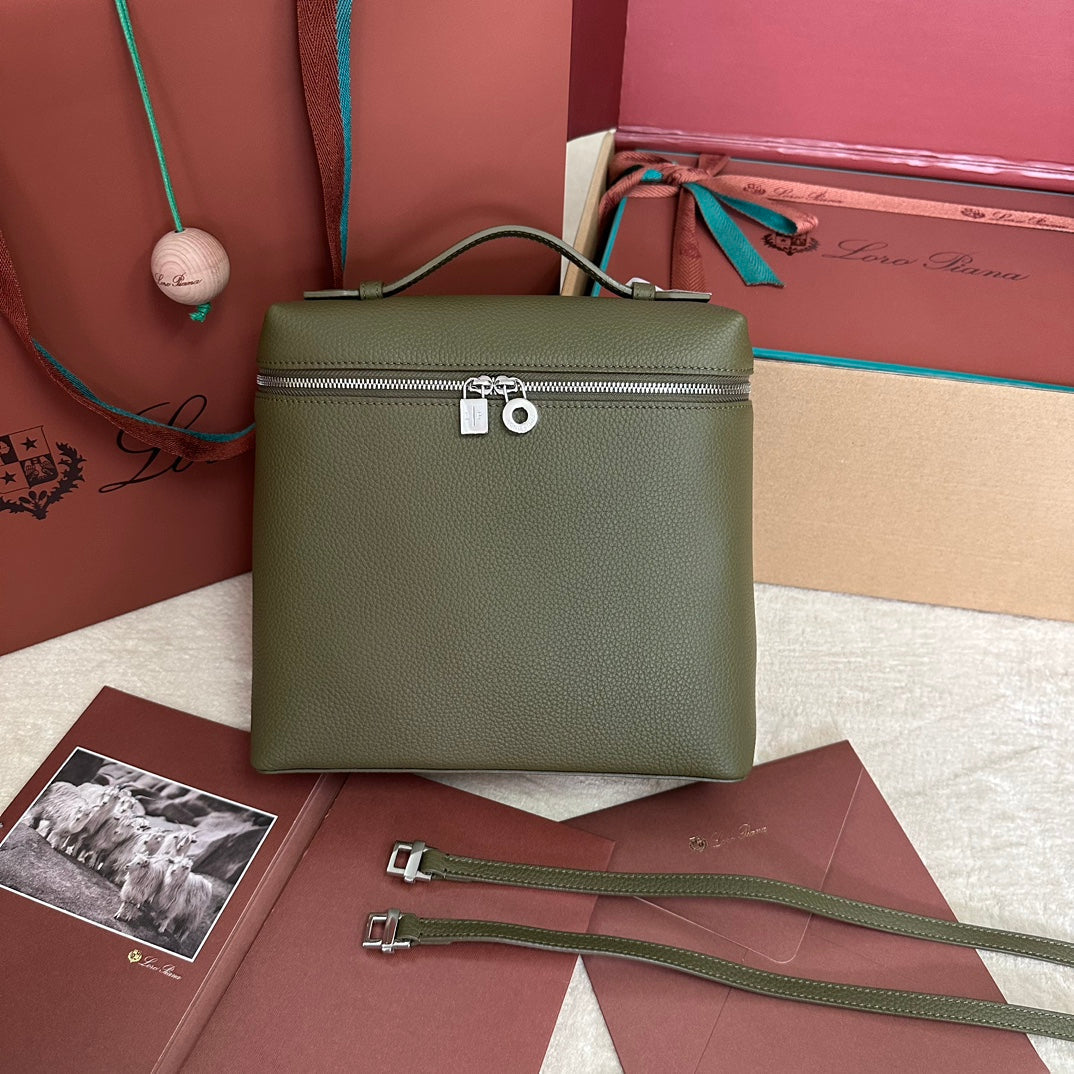 EXTRA POCKET BACKPACK L23.5 IN ARMY GREEN CALFSKIN WITH SILVER HARDWARE