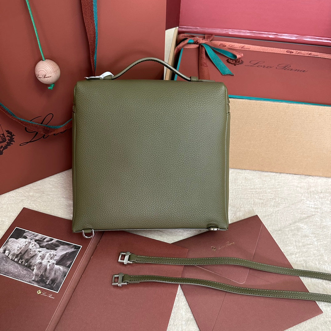 EXTRA POCKET BACKPACK L23.5 IN ARMY GREEN CALFSKIN WITH SILVER HARDWARE