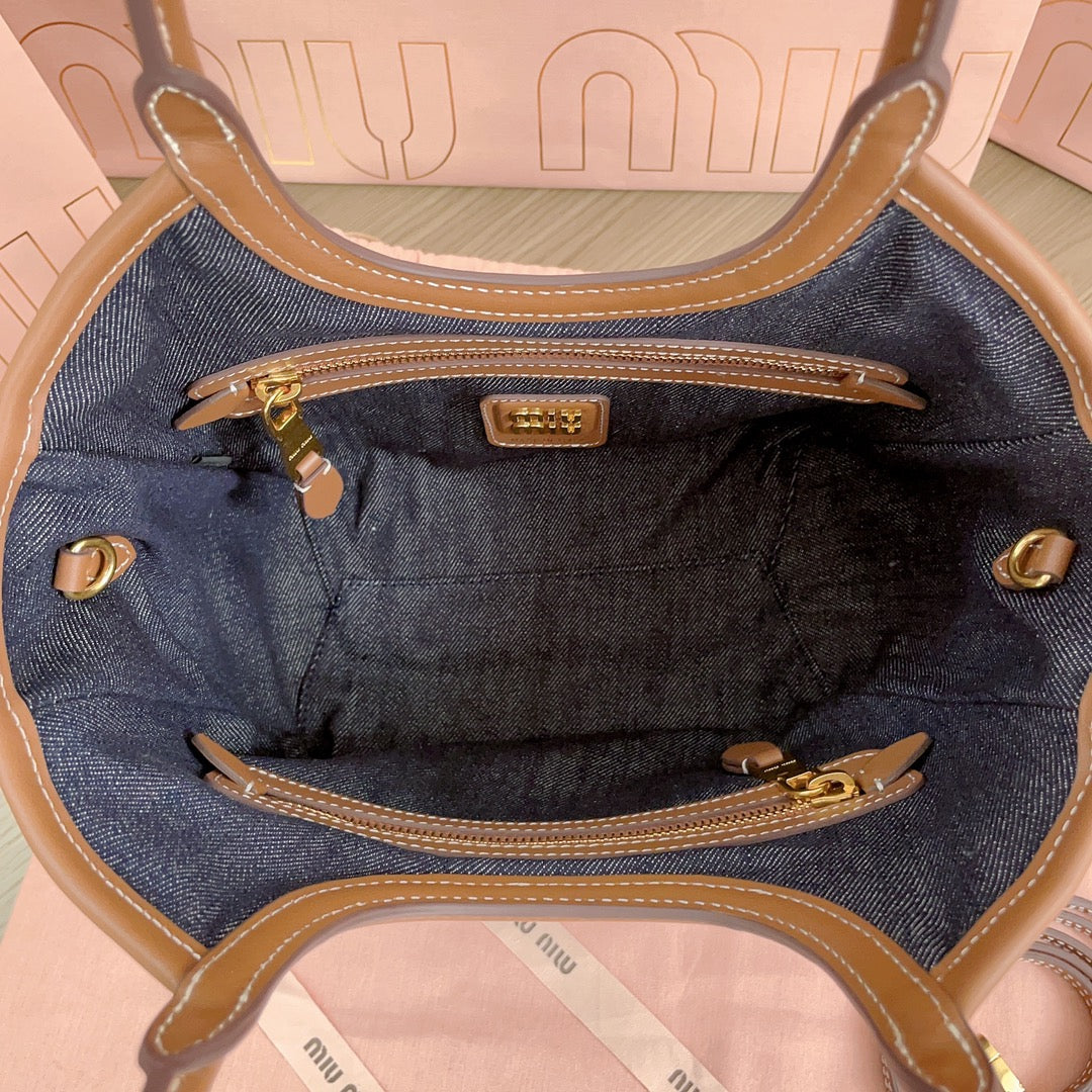 SMALL TOTE BAG 22 IN NAVY DENIM AND BROWN LEATHER TRIM