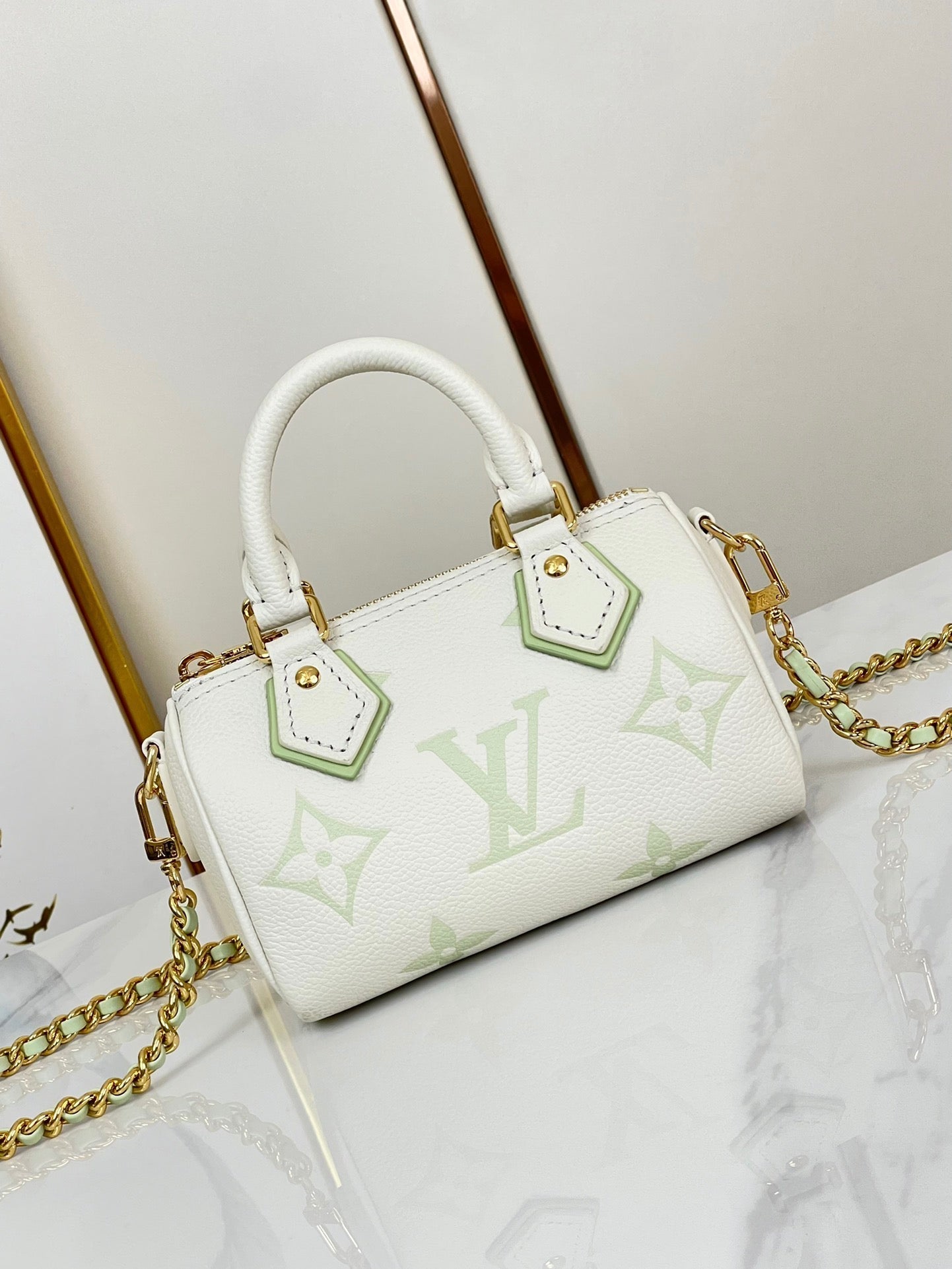 NANO SPEEDY 16 IN WHITE LATTE MONOGRAM EMPREINTE LEATHER GOLD HARDWARE