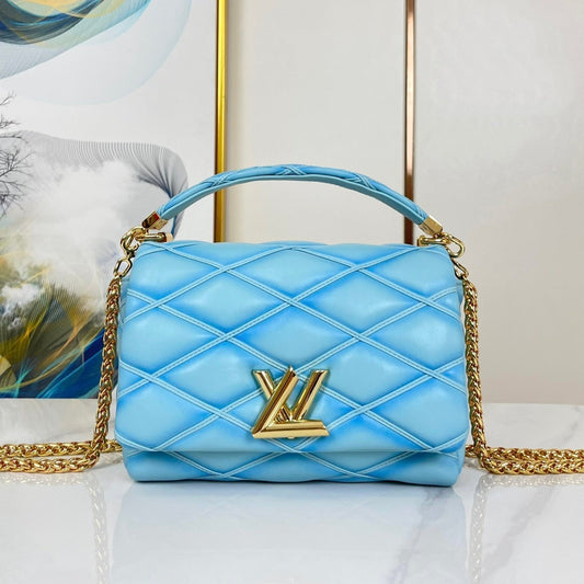 GO-14 MM 23 IN SKY BLUE QUILTED LAMBSKIN GOLD HARDWARE