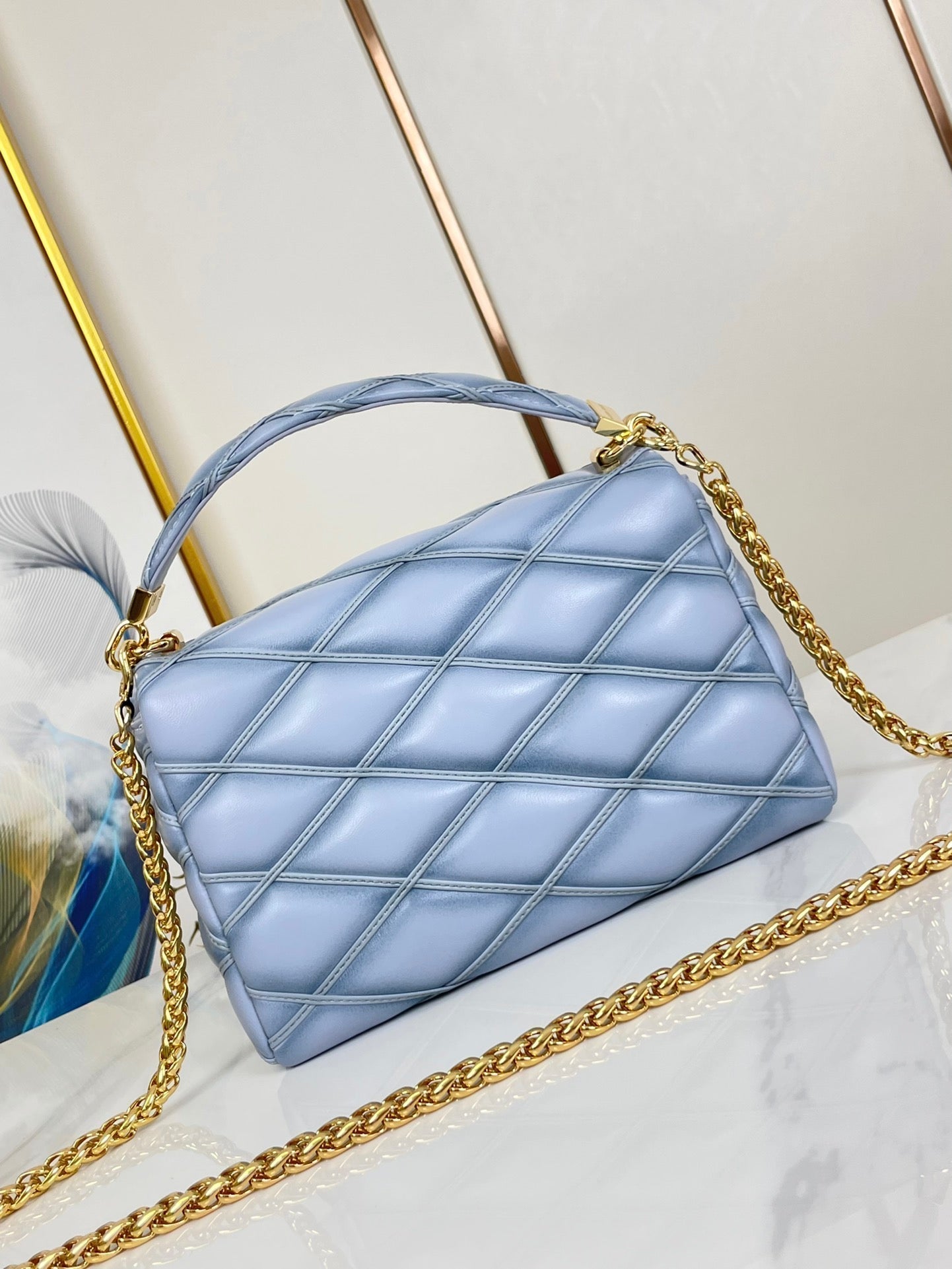 GO-14 MM 23 IN LIGHT BLUE GRAY QUILTED LAMBSKIN GOLD HARDWARE