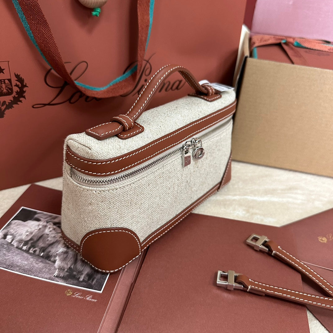 EXTRA POCKET L19 IN WHITE CANVAS AND BRONZE BROWN CALFSKIN WITH SILVER HARDWARE