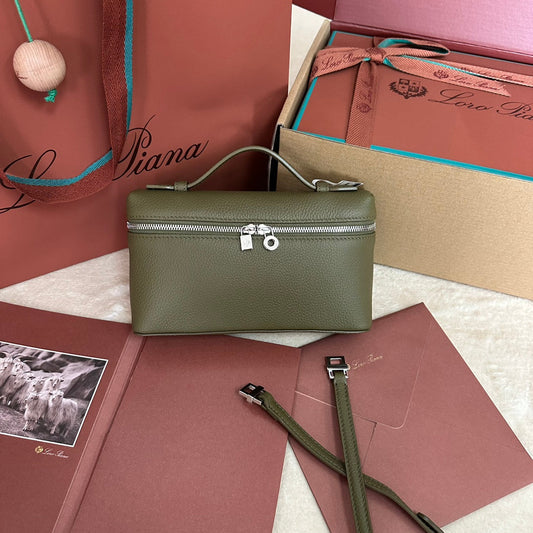 EXTRA POCKET L19 IN OLIVE GREEN CALFSKIN WITH SILVER HARDWARE