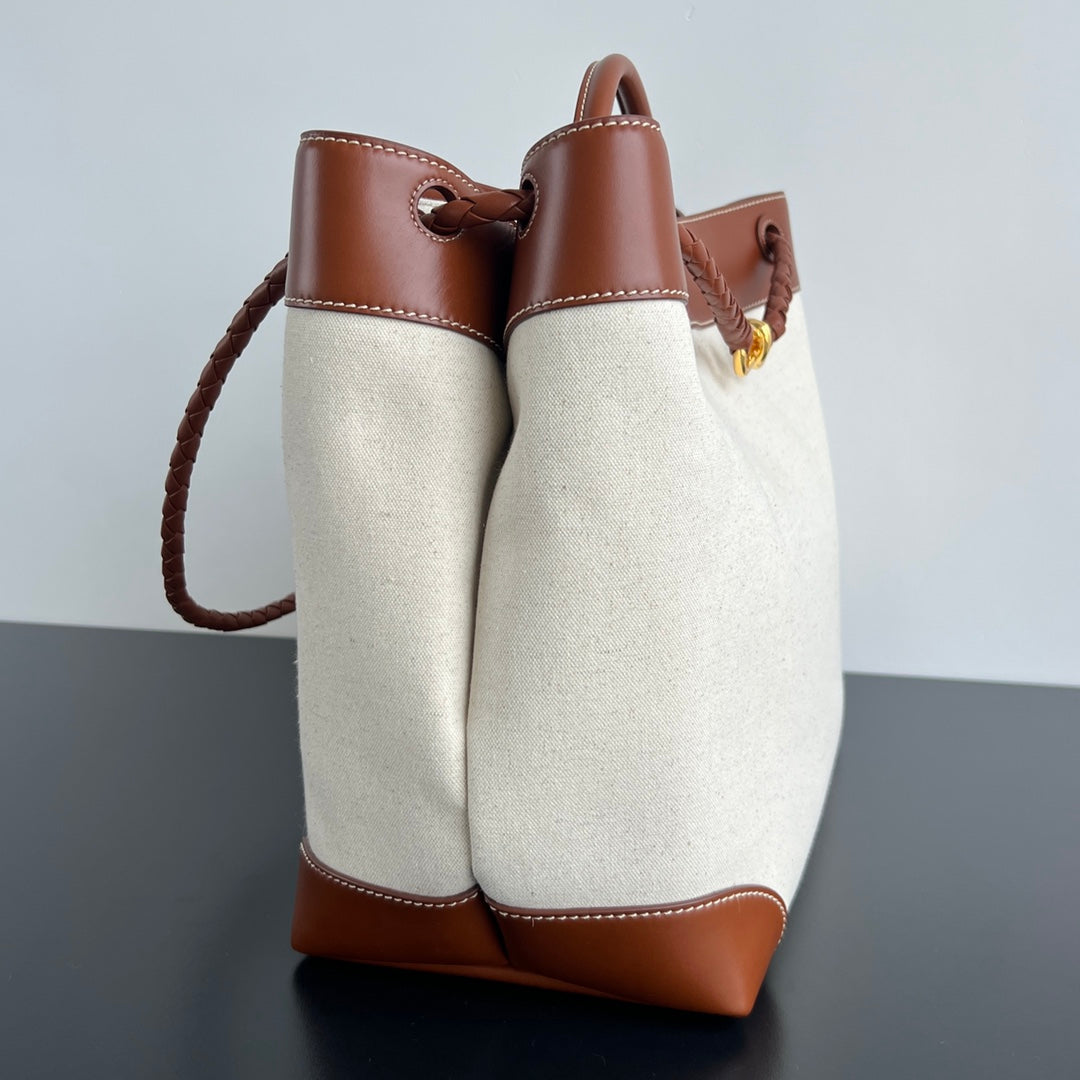 LARGE ANDIAMO 42 IN WHITE BROWN CALFSKIN AND CANVAS