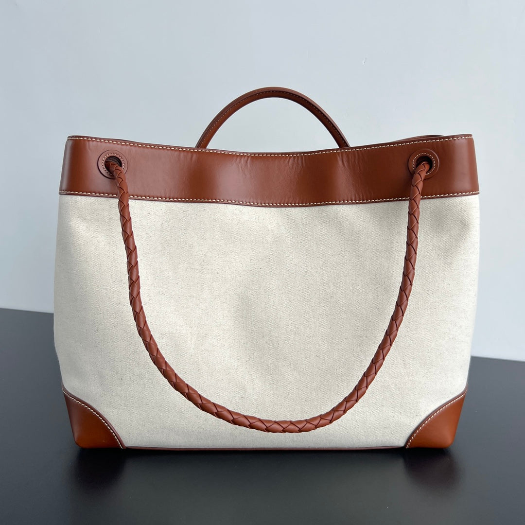 LARGE ANDIAMO 42 IN WHITE BROWN CALFSKIN AND CANVAS