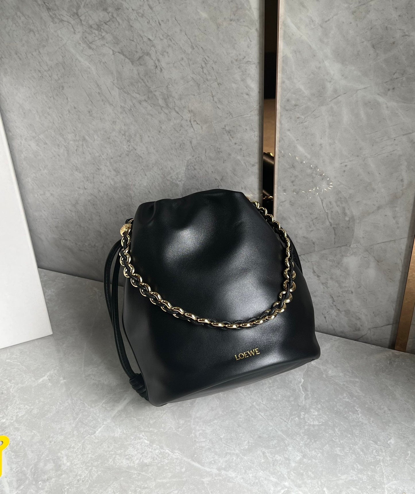 LOE 32 FLAMENCO PURSE BUCKET IN BLACK MELLOW NAPPA LAMBSKIN