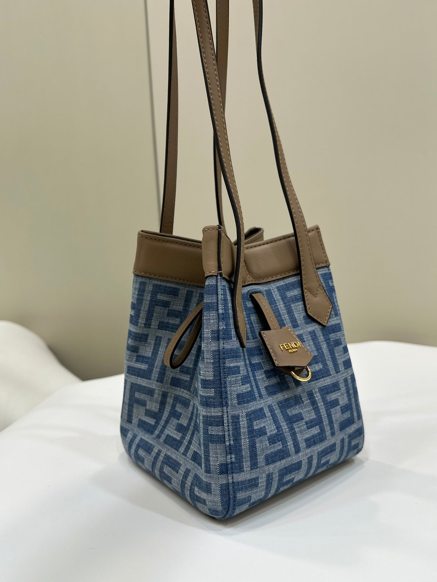 FENDI ORIGAMI MINI 19 IN TRUE BLUE MONOGRAM DENIM WITH CALFSKIN STRAP