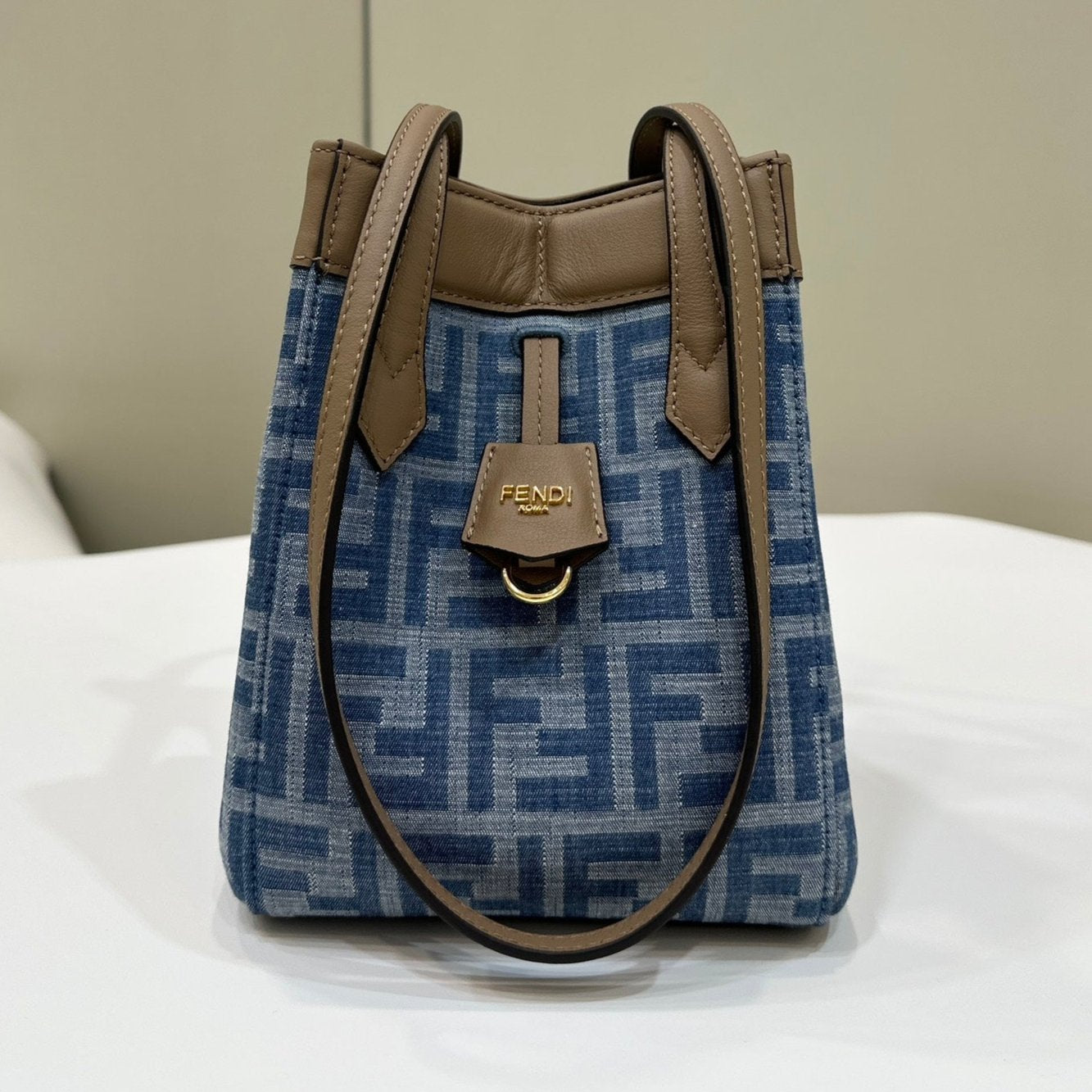 FENDI ORIGAMI MINI 19 IN TRUE BLUE MONOGRAM DENIM WITH CALFSKIN STRAP