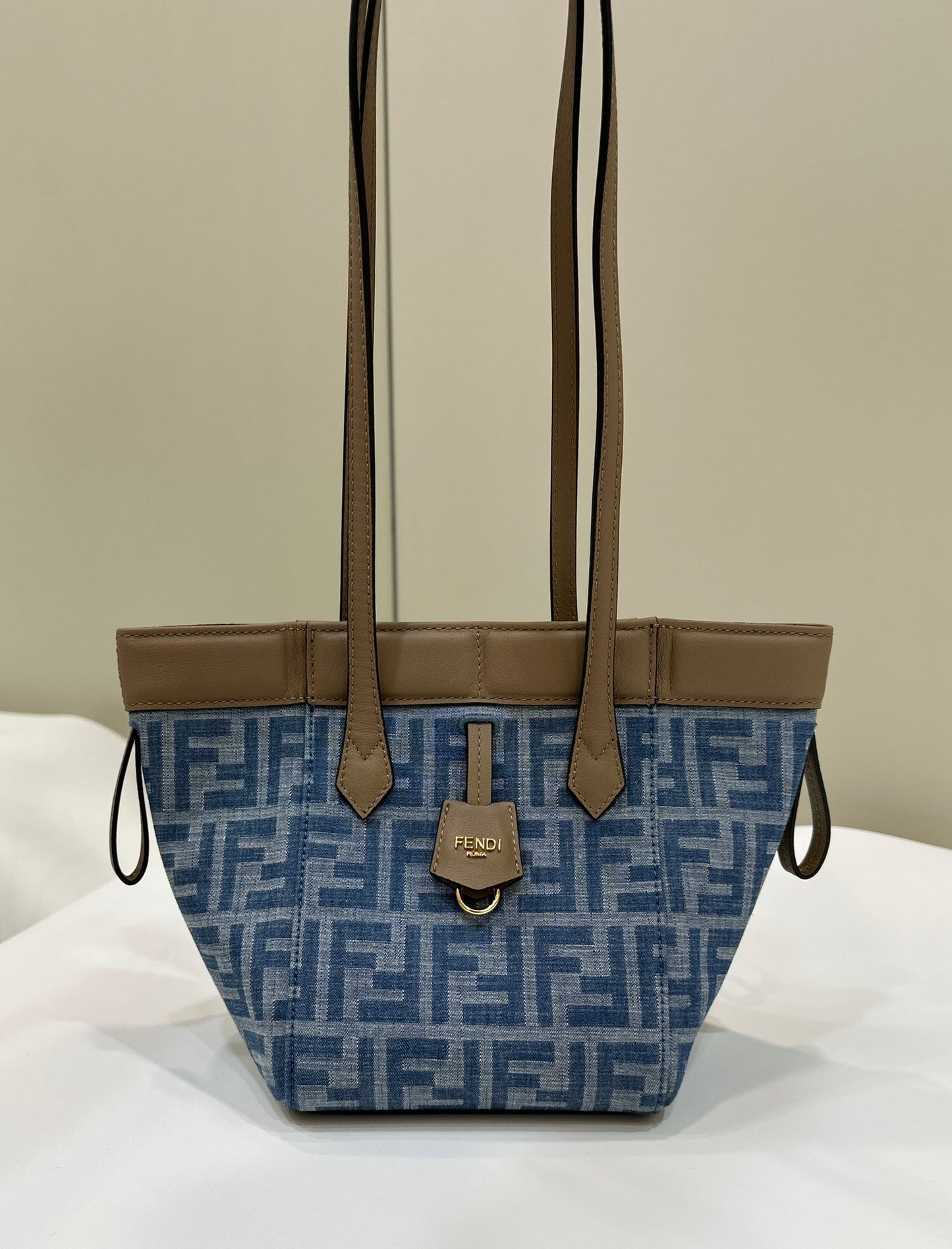 FENDI ORIGAMI MINI 19 IN TRUE BLUE MONOGRAM DENIM WITH CALFSKIN STRAP