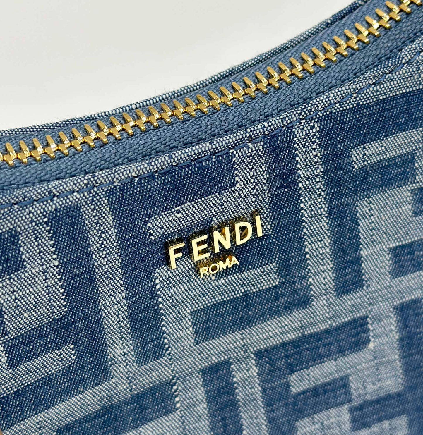 FENDI MEDIUM 27 BAG IN TRUE BLUE MONOGRAM DENIM GOLD HARDWARE