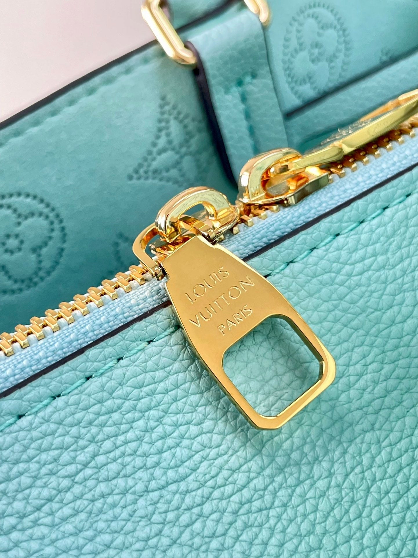 BELLA TOTE 32 IN SKY BLUE MONOGRAM PERFORATED CALFSKIN GOLD HARDWARE