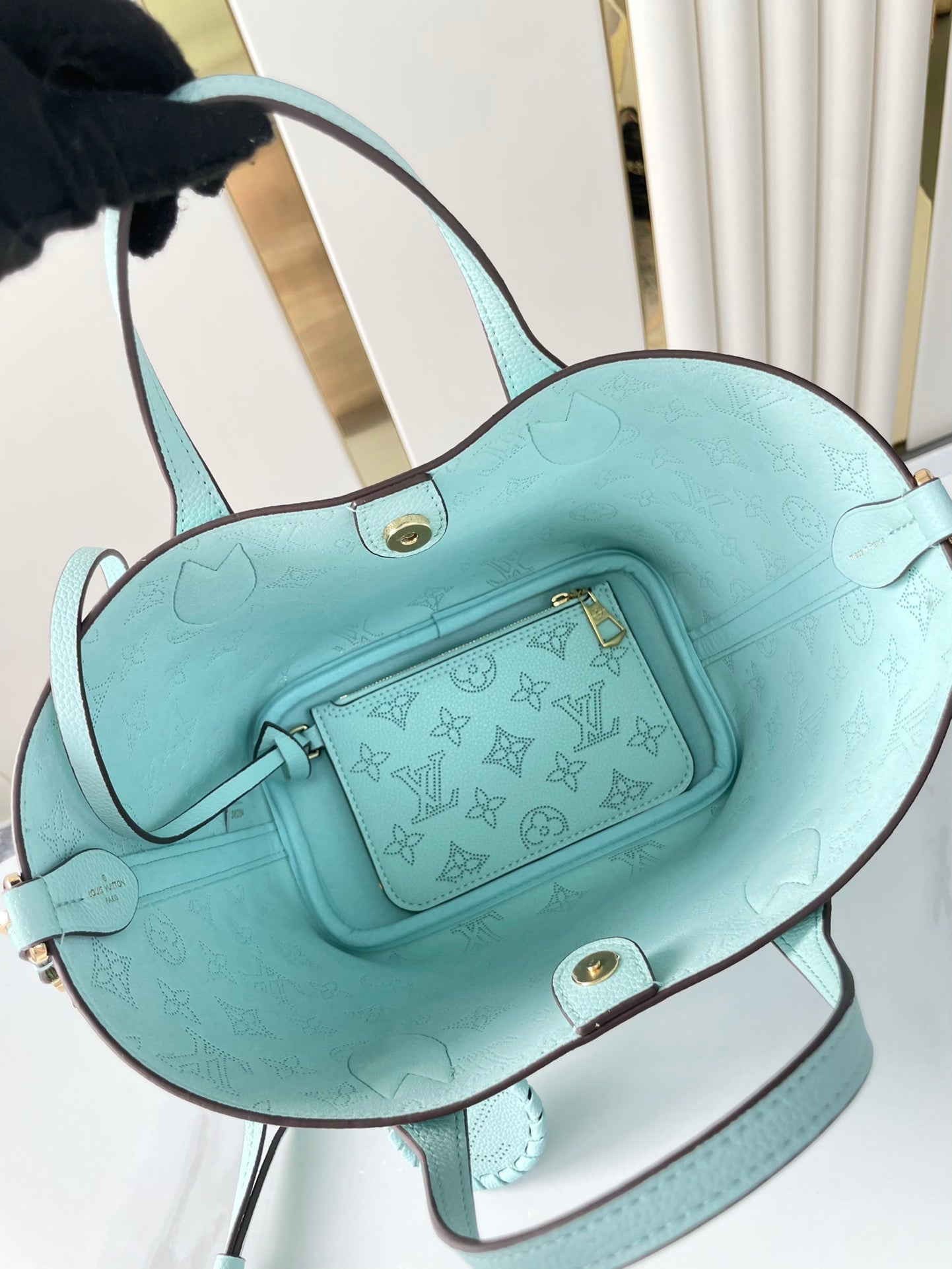 BLOSSOM PM 20 IN SKY BLUE MONOGRAM PERFORATED CALFSKIN