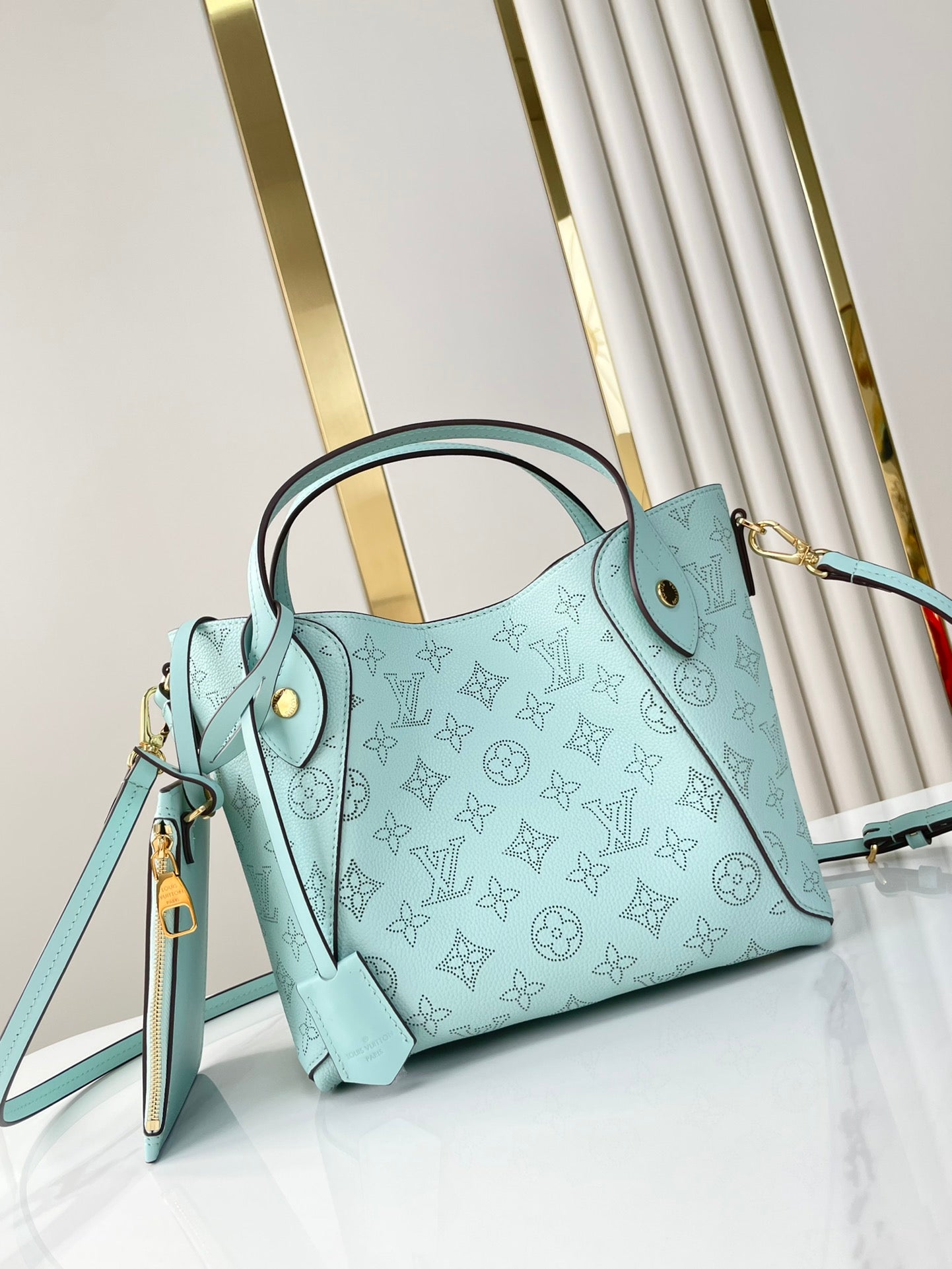 HINA 23 IN SKY BLUE MONOGRAM PERFORATED CALFSKIN